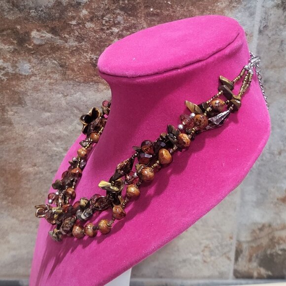 Multi Strand Beaded Necklace Brown Amber Bronze Beads - Picture 6 of 10